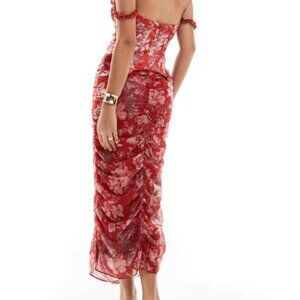 NWT ASOS Off The Shoulder Satin Corset Chiffon Ruched Midi Dress in Red